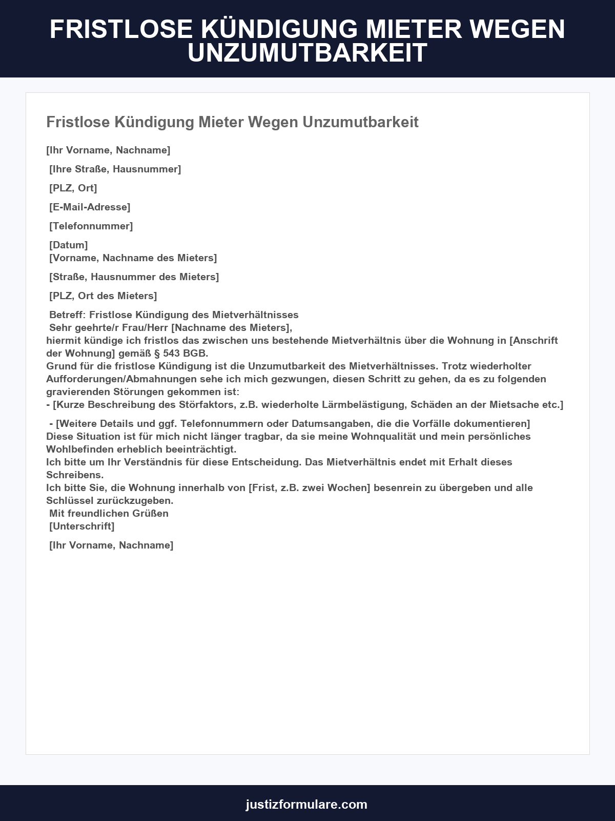 Fristlose Kündigung Mieter Wegen Unzumutbarkeit Muster