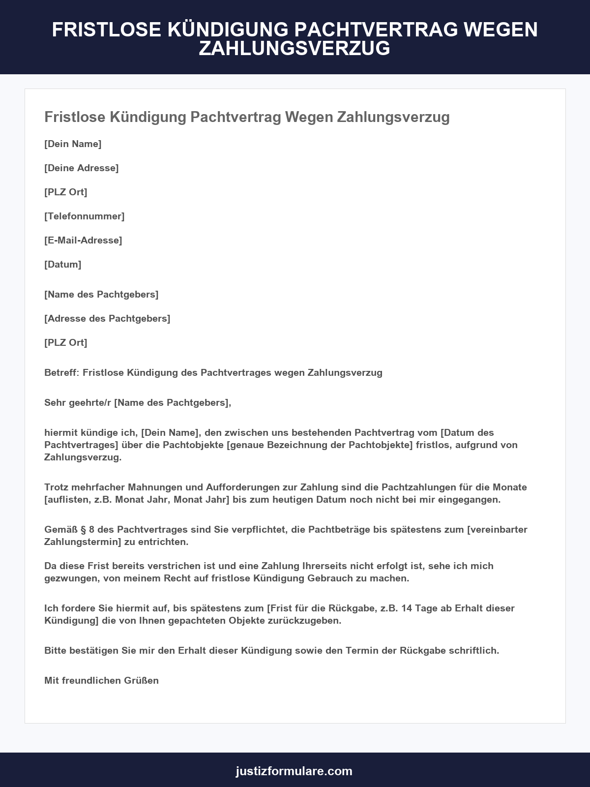 Fristlose Kündigung Pachtvertrag Wegen Zahlungsverzug Muster