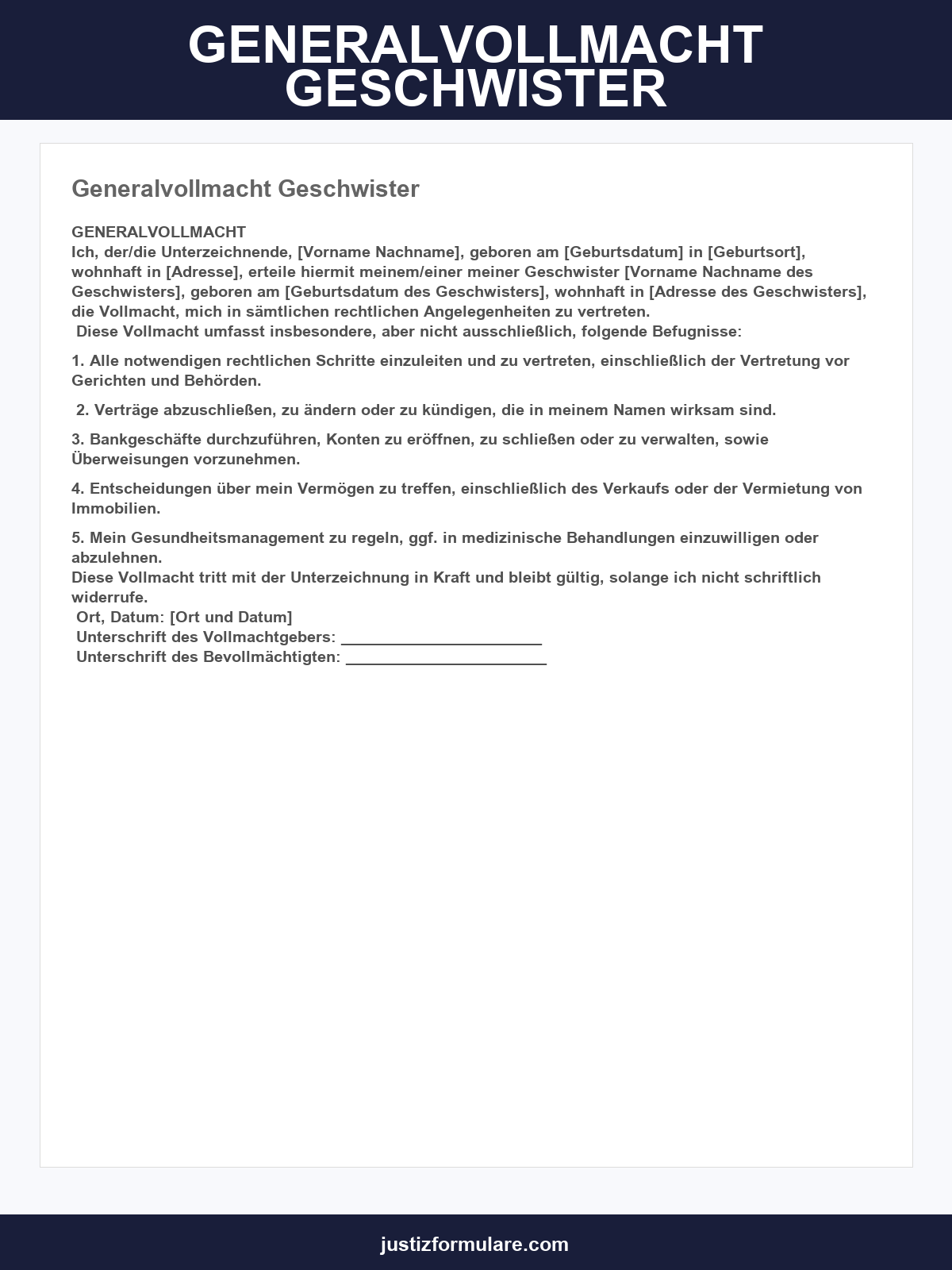 Generalvollmacht Geschwister Vordruck