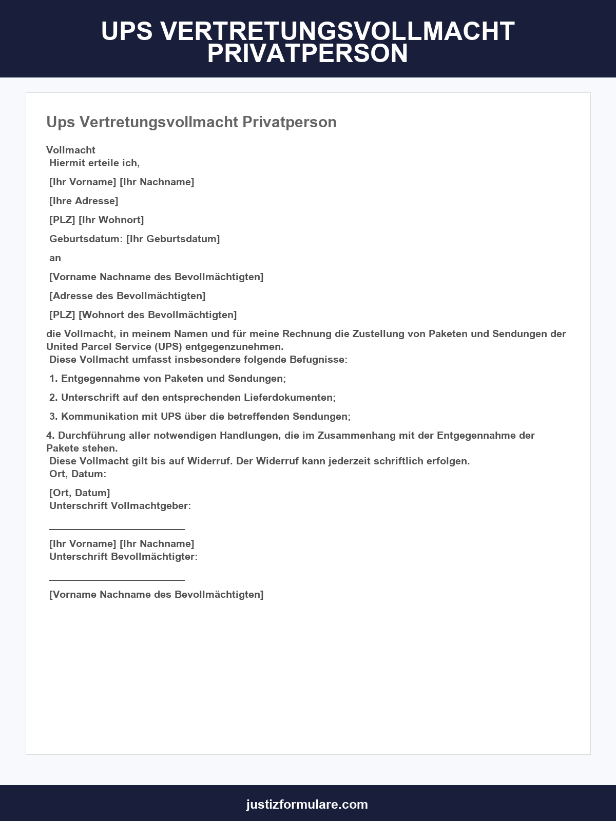 Ups Vertretungsvollmacht Privatperson
