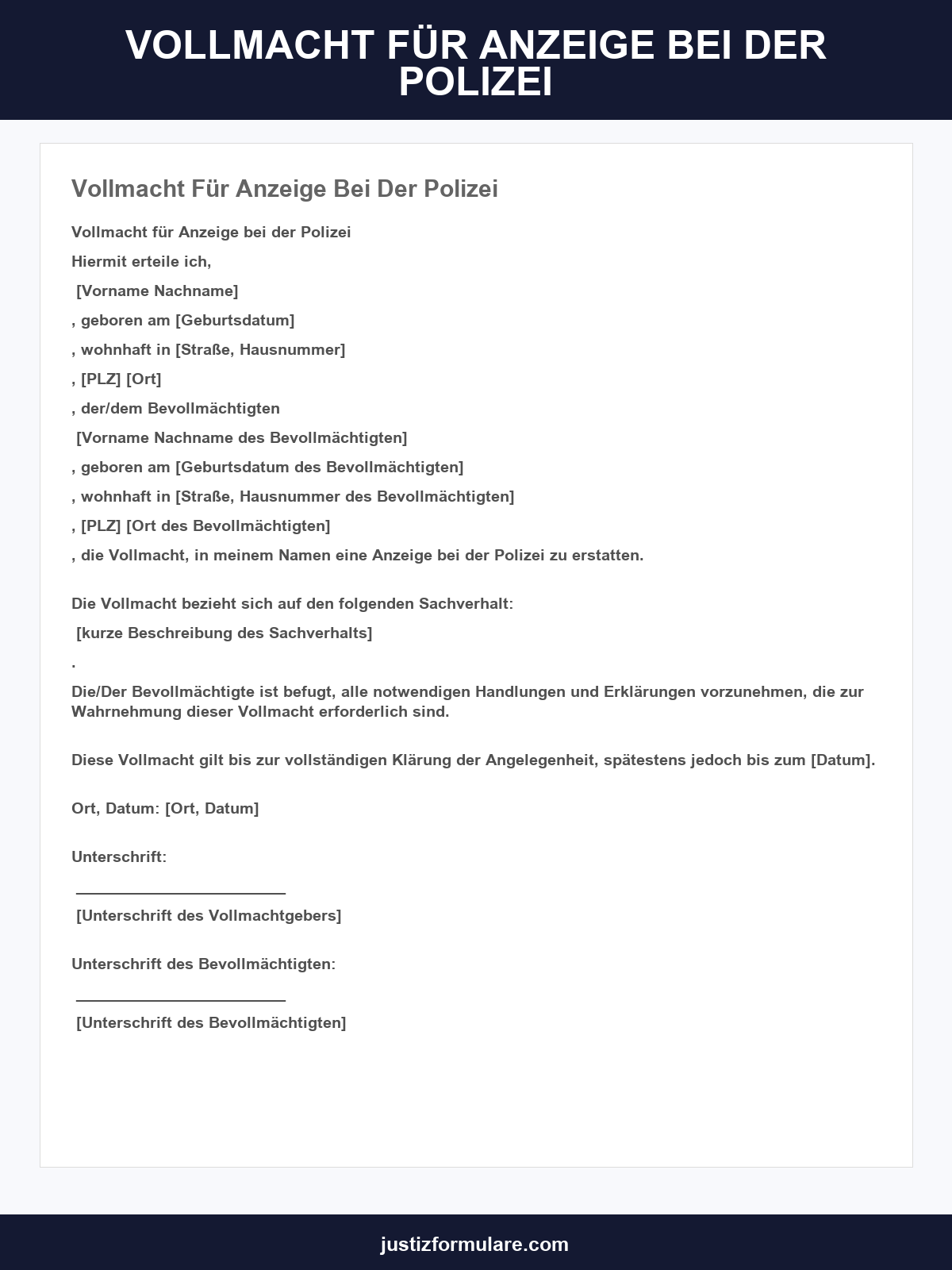 Vollmacht Für Anzeige Bei Der Polizei Muster