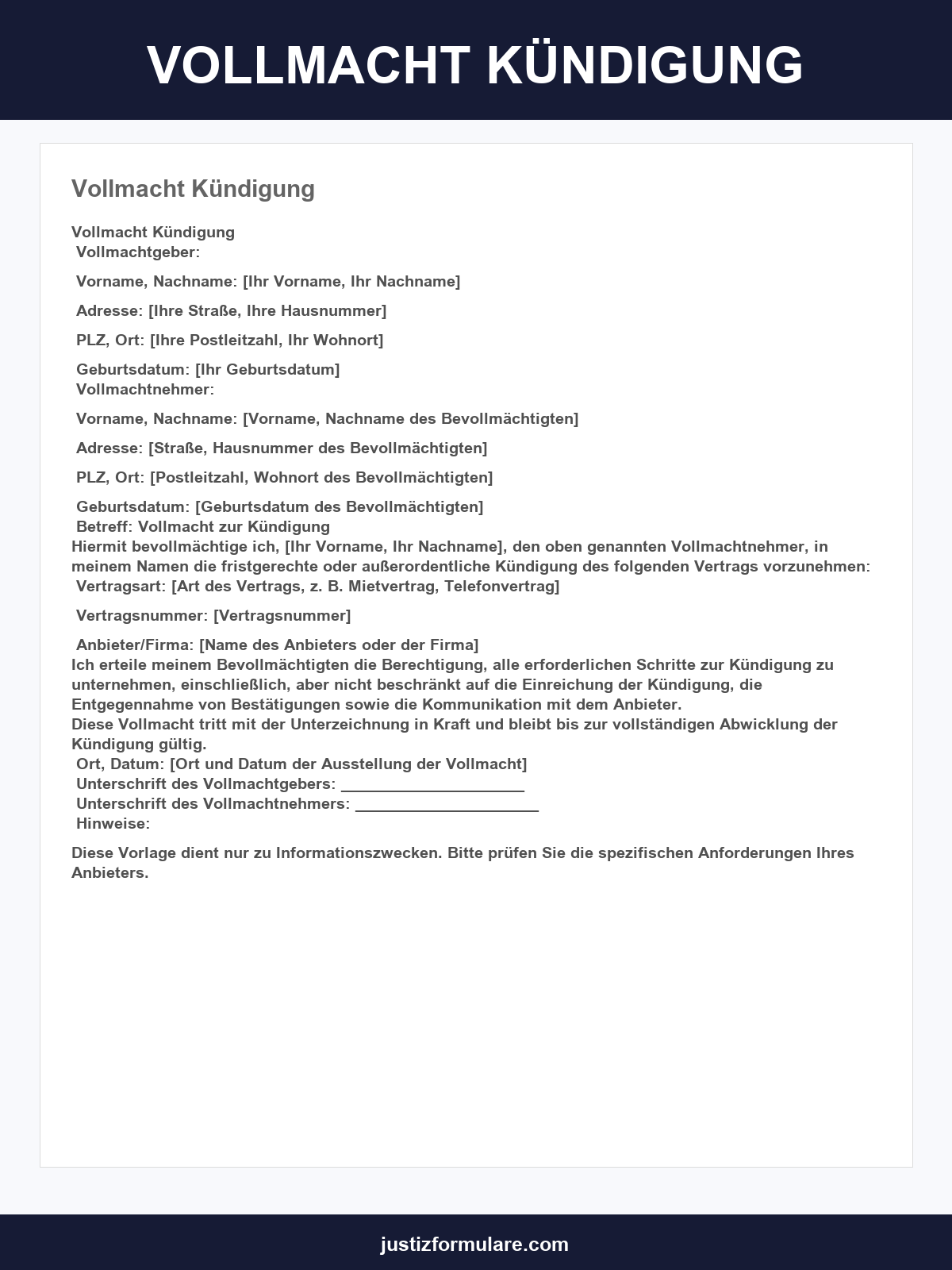 Vollmacht Kündigung Vorlage
