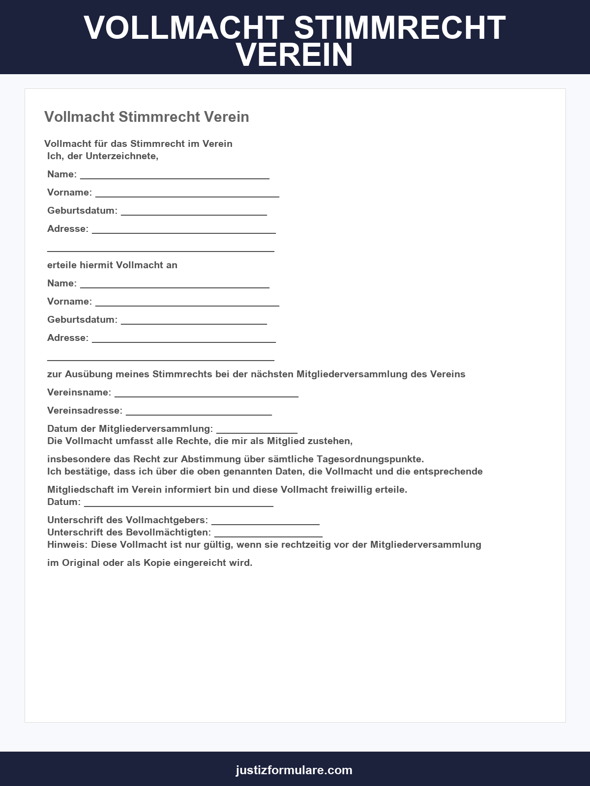 Vollmacht Stimmrecht Verein Muster