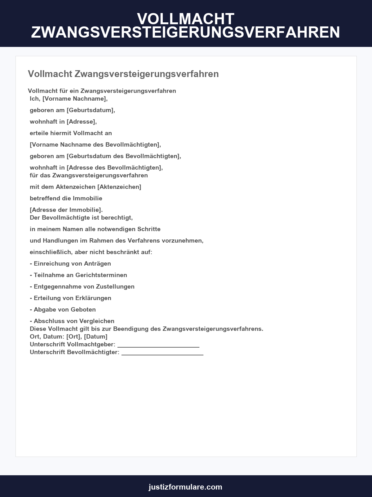 Vollmacht Zwangsversteigerungsverfahren Muster
